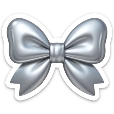 A cute bow emoji made of polished silver chrome, smooth rounded loops, glossy metallic surface, soft mirror reflections, subtle highlights, minimal and adorable proportions, iOS emoji style, centered composition, clean white background, soft studio lighting, no text, no outline, ultra high quality sticker