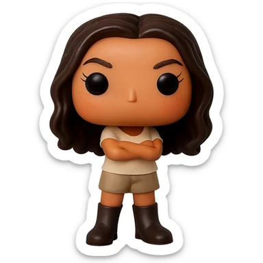 Enhance the image quality with smooth skin, a healthy tanned complexion, dark hair with subtle auburn highlights, dark greige leather boots, textured clothing (cream top, greige bottom), arms crossed as in the reference image, peach coral cheekbones, subtle freckles, no neck visible, eyebrows with a mischievous and playful expression, no mouth, transparent background. Maintain the original style and pose from the reference image. sticker