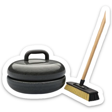An icon showing a close-up of a curling stone sliding across the ice with a broom beside it. The scene is set in a brightly lit stadium, with detailed spectator stands in the background. Transparent background highlights the focus, skill, and atmosphere of the curling sport. sticker