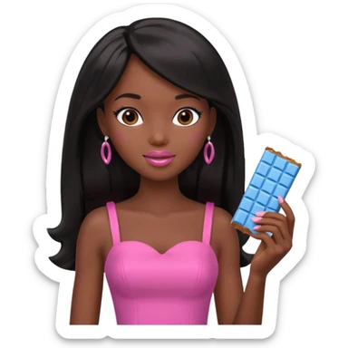 Black barbie, long black  hair, pink dress eating chocalate bar sticker