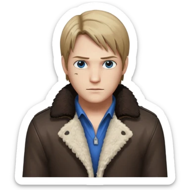 Leon Kennedy from resident evil 4 remake in sheepskin coat and black t-shirt blue eyes clean-shaved sticker