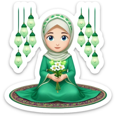 Turkish beautiful finish Konya girl blue eyes with green and white flower hijab long tail dress and sits on the pray mat on the ground and hold green ramadan lights on hand  sticker