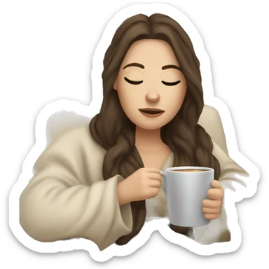 Brunette white girl covered in blanket sitting on a cozy chair holding coffee eyes closed sticker