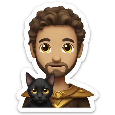 A sun warlock who is pale with brown hair and is holding a black kitten sticker
