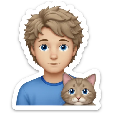 20 year old boy with slightly curly dark blonde hair and blue eyes with cat sticker