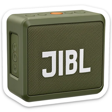 Military green JBL Go 4 portable speaker, compact size, with visible buttons and fabric speaker mesh, khaki colored electronic device sticker