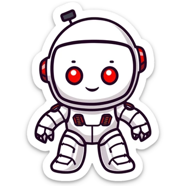modern face of a black robot with white led eyes, red leds on robot, brave pose, smiling sticker