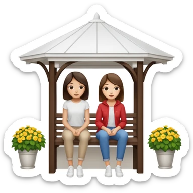 Two brunette women sitting inside a white gazebo sticker