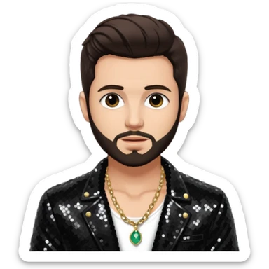 Frankie Zulferino, Pop Singer (b.1990) with dark brown hair and short beard, black sequin jacket, shirtless with necklace sticker