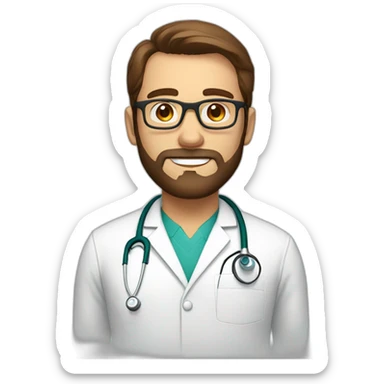 white doctor with short brown hair, big forehead, glasses and beard sticker