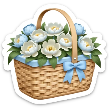 White Picnic basket with light blue bow and white peonies inside sticker