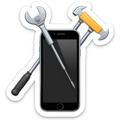 Minimalistic flat vector icon, iOS style, thin black contour on white background. Smartphone with a wrench and screwdriver crossing it. Clean, no text, no shadows sticker
