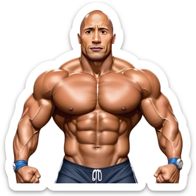 Dwayne 'The Rock' Johnson on stage at the Mr. Universe bodybuilding competition, covered in oil, flexing his powerful muscles. His physique shines under bright stage lights, showcasing his strength and dedication. The audience and judges are blurred in the background. Transparent background. sticker