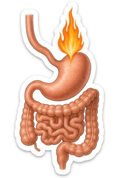 intestino e stomaco sono collegati, con una fiamma che brucia sopra, isolate su sfondo bianco sticker
