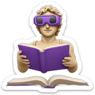 an EMOJI OF A ancient young greek statue reading a book, wearing VR glasses, purple colors, DIGITAL UNIVERSE sticker