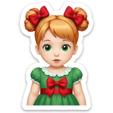 baby gir with  1 bunns bow   red blond mix hair  in green dress  sticker