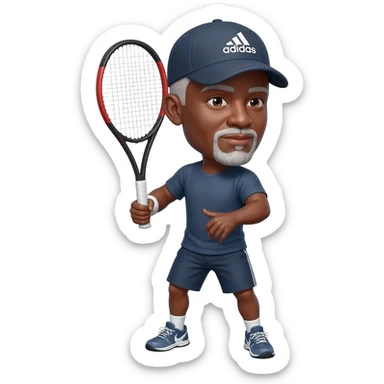 Right handed adult black male Tennis player bald male white short beard and mustache one demonstrating handed backhand wearing an adidas baseball cap on backwards sticker