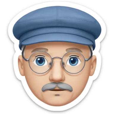 Bald, grey goatee, wire rim glasses, blue eyes, grey flat cap, round face sticker