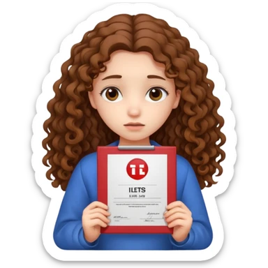 Sad girl with long curly brown hair shows her IELTS certificate with a low score in disappointment sticker