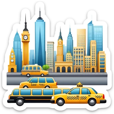 Icon for Urban Tourism: a skyline with iconic city landmarks, like skyscrapers, a subway and a taxi, with travel accessories like a camera and map. The icon should represent the excitement of exploring urban environments. Transparent background. sticker