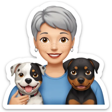 Pit bull Rottweiler mix with white muzzle and spots on muzzle next to older woman with really short grey hair sticker