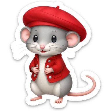 A cute mouse emoji, full-length, side view, wearing a stylish red beret. sticker