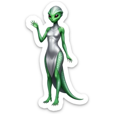 Green Alien reptilian woman in silver dress, full figure sticker