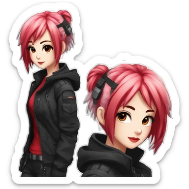 Gorgeous techwear anime style lady with blushing face aesthetic and pretty edgy black red punk hair with hair garment trending style sticker