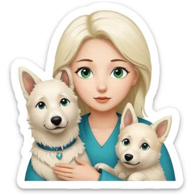 A white blonde Hair Woman with blue Green eyes with a White Shepard with a little bit beige in the fur in a lovely pose  sticker