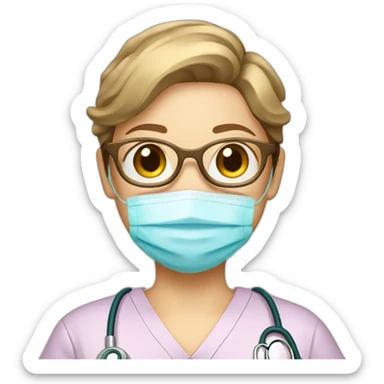 A single smart nurse with scrub suit with golden glasses with short brown hair with fair skin with rosy lip sticker