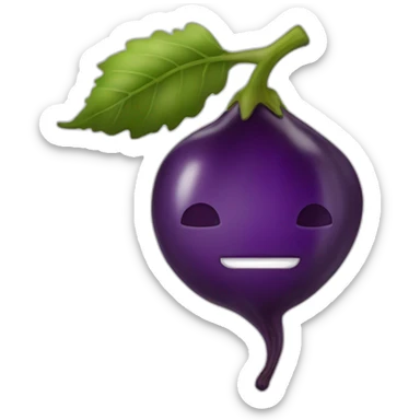 Une aubergine avec une tête d'homme dans une pêche avec sticker
