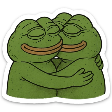 Two girls in a warm hug, bufo frog meme style, green frogs sticker