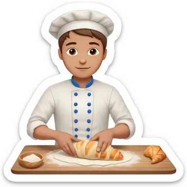 Young male baker – rolling croissant dough on a wooden table, flour on clothes

 sticker