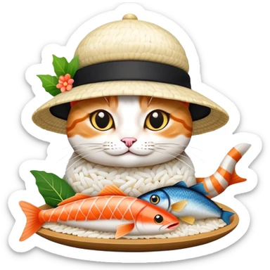 cat wearing a hat with a rice base and multiple fish pieces on top, sushi hat sticker