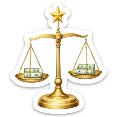A balanced scale with dollar bills on the left side and three stars on the right side sticker