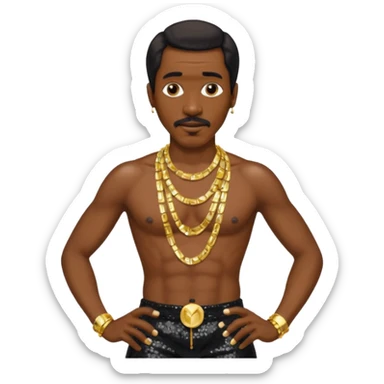 Ike Turner with black sequin baggy pants, shirtless with necklace sticker