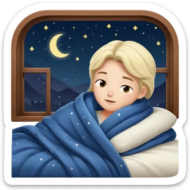 person going to bed on time, cozy blanket, night sky outside window, peaceful and friendly sticker