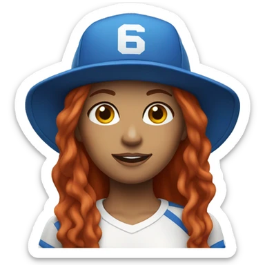 front facing standing female coach with long red hair, wearing a white t-shirt and a simple blue hat sticker