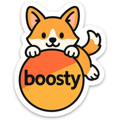 Boosty logo icon with a cute corgi's paws and tail peeking from behind the logo, or the corgi itself playfully interacting with the logo. Colorful, simple, no gradients, bold clear outlines, expressive shadows and highlights to create volume, matching the reference style. sticker