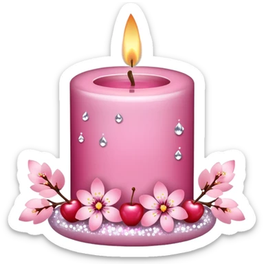A pink Sakura candle with Sakura petals, flowers, cherries, sparkles, glitters, white branches sticker