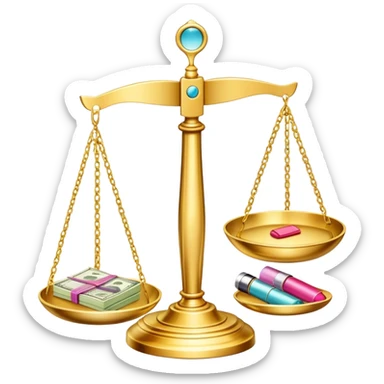 gold scale with dollars on one side and beauty products like lipstick, perfume, makeup on the other sticker