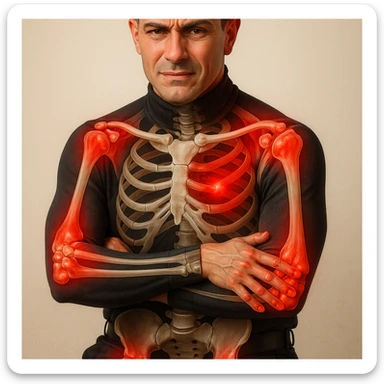 Create a series of 5 vertical images of a man (reference photo) with widespread joint pain, highlighting inflammation with an anatomical view. Show red zones on the joints, medical style, anatomical details, hyperrealism, variation 2. sticker