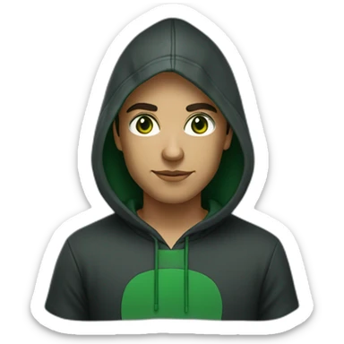 Programmer with dark fade haircut, dark green eyes without glasses in black hoodie sticker