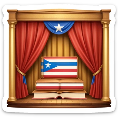 Timeless book with Puerto Rican flag colors flowing across cover like theater curtains, wooden stage elements carved into leather, golden light emerging from within, representing eternal theatrical legacy sticker