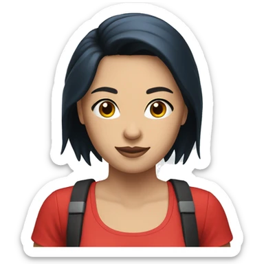 Create an emoji of a woman with black hair, white skin wearing blue shorts and a red top and posing. sticker