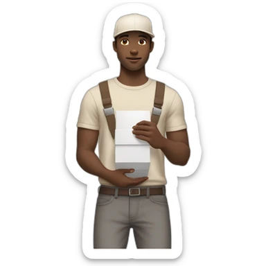 Pale skinned fit Man with dark brown hair in a beige cap, gray jeans, brown polo and white T-shirt keeping a pasted with tape white box into his hands sticker