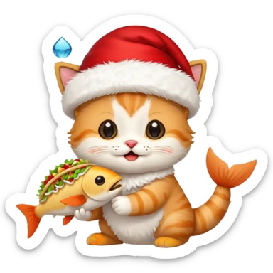 Cute Happy Kitten wearing a Santa hat and holding a Fish taco  sticker