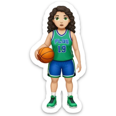 full body plus size light skin latino women basketball player with wavy dark hair large wide nose wearing blue with green uniform sticker
