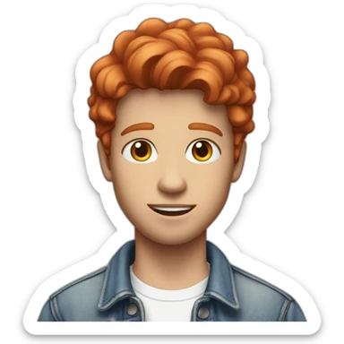 white young man in jean jacket and white t-shirt with short wavy red hair sticker