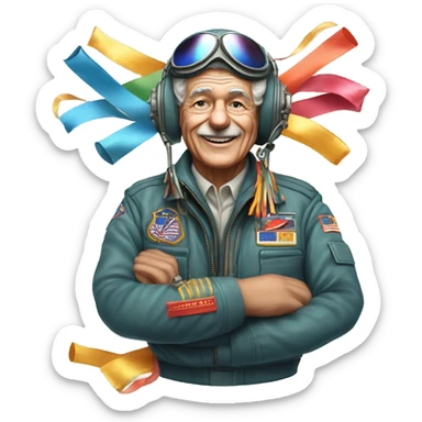 Old fighter pilot with F-16 dropping new year streamers from the sky sticker